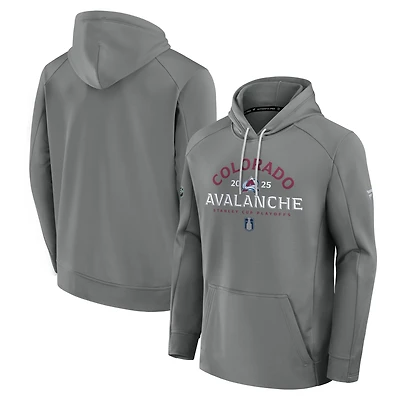 Men's Fanatics Gray Colorado Avalanche 2025 Stanley Cup Playoffs Authentic Pro Rink Fly Fleece Pullover Hoodie