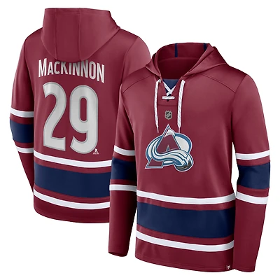 Fanatics pour hommes Nathan MacKinnon - Sweat à capuche lacets avec nom et numéro de l'Avalanche du Colorado bordeaux