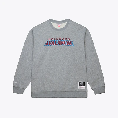 Sweat-shirt à col rond en polaire Mitchell & Ness gris chiné pour homme, avec logo de l'Avalanche du Colorado.