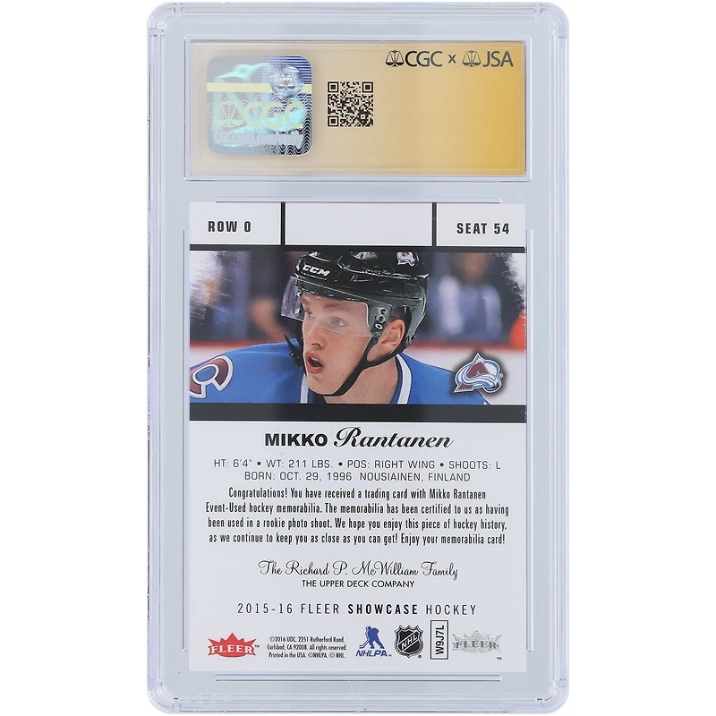 Carte de recrue authentifiée signée par Mikko Rantanen, Colorado Avalanche, Fleer Showcase Maroon Relic #54, 2015-16, CGC Fanatics