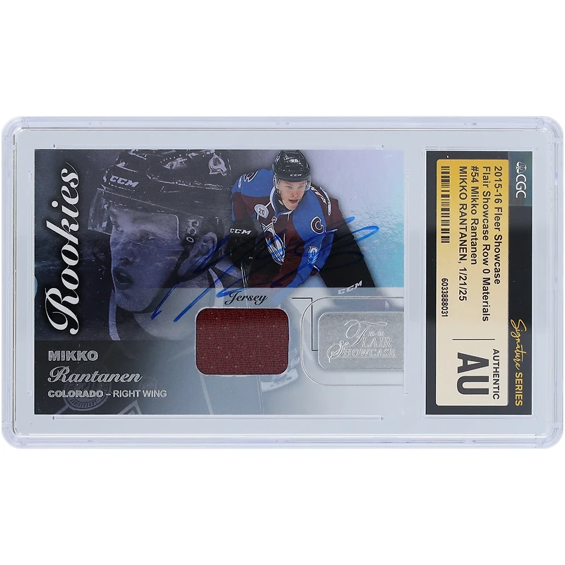 Carte de recrue authentifiée signée par Mikko Rantanen, Colorado Avalanche, Fleer Showcase Maroon Relic #54, 2015-16, CGC Fanatics