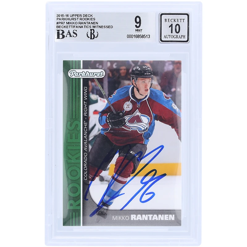 Mikko Rantanen Colorado Avalanche dédicacé 2015-16 Upper Deck Parkhurst Rookies #PR-7 Beckett Fanatics témoin authentifié 9/10 Rookie Card