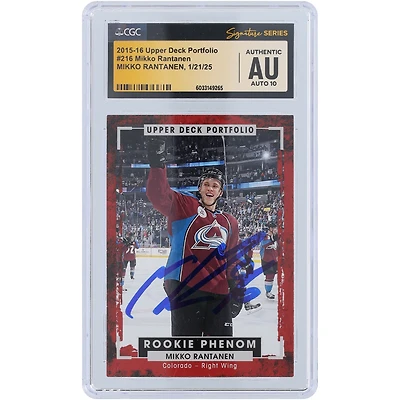 Carte Rookie Phenom #216 signée par Mikko Rantanen, membre de l'Avalanche du Colorado, 2015-2016, Upper Deck Portfolio, CGC Fanatics, authentifiée, Auto 10
