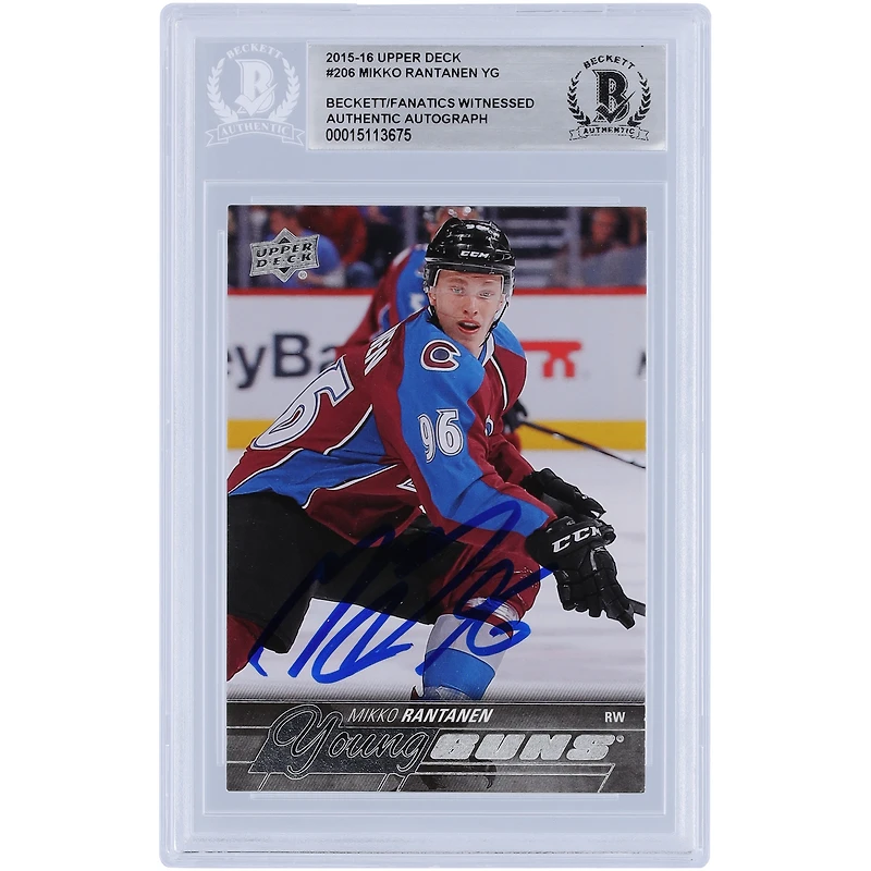 Carte de recrue authentifiée dédicacée par Mikko Rantanen Colorado Avalanche 2015-16 Upper Deck Young Guns #206 Beckett Fanatics