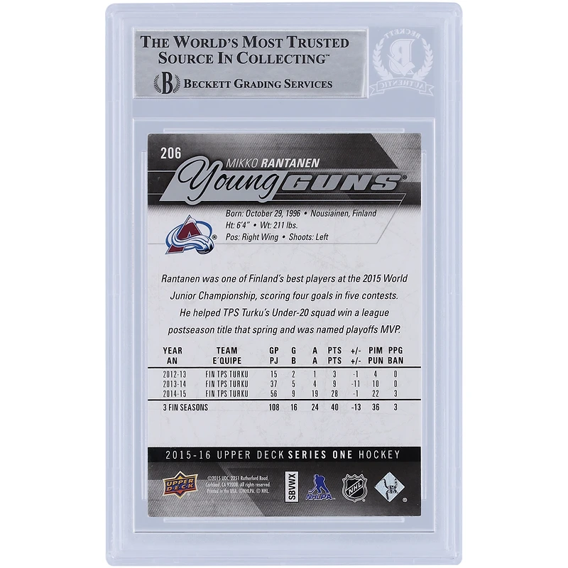Carte de recrue authentifiée dédicacée par Mikko Rantanen Colorado Avalanche 2015-16 Upper Deck Young Guns #206 Beckett Fanatics