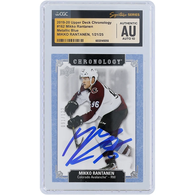 Carte autographiée de Mikko Rantanen Colorado Avalanche 2019-20 Upper Deck Chronology Metallic Blue #162 #/122 CGC Fanatics Witnessed Authenticated Auto 10