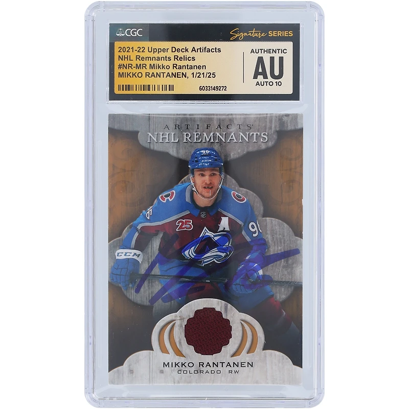 Mikko Rantanen Colorado Avalanche Autographié 2021-22 Upper Deck Artifacts NHL Remnants Maroon Relic #NR-MR CGC Fanatics Witnessed Authenticated Auto 10 Card