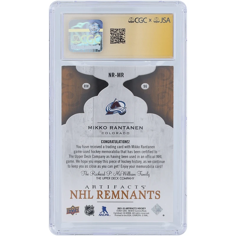 Mikko Rantanen Colorado Avalanche Autographié 2021-22 Upper Deck Artifacts NHL Remnants Maroon Relic #NR-MR CGC Fanatics Witnessed Authenticated Auto 10 Card