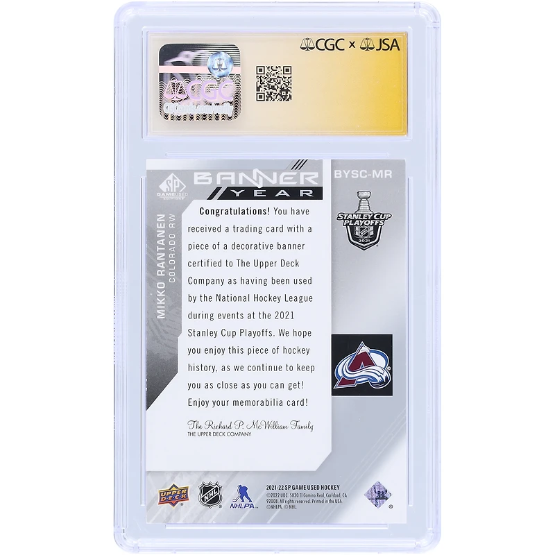Carte autographiée de l'Avalanche du Colorado 2021-22 Upper Deck SP utilisée pour le match Banner Year Stanley Cup Relic #BYSC-MR CGC Fanatics Witnessed Authenticated Card