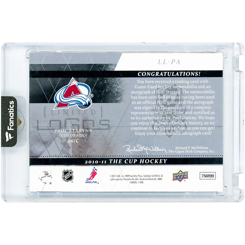 Paul Stastny Colorado Avalanche Autographed 2010-11 Upper Deck The Cup Limited Logos GU Relic #LL-PA #36/50 Card