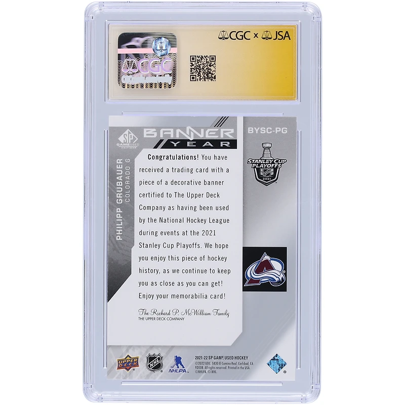 Philipp Grubauer Colorado Avalanche Autographié 2021-22 Upper Deck SP Jeu Utilisé Bannière Année Coupe Stanley Relique #BYSC-PG CGC Fanatics Témoin Authentifié Auto 10 Carte