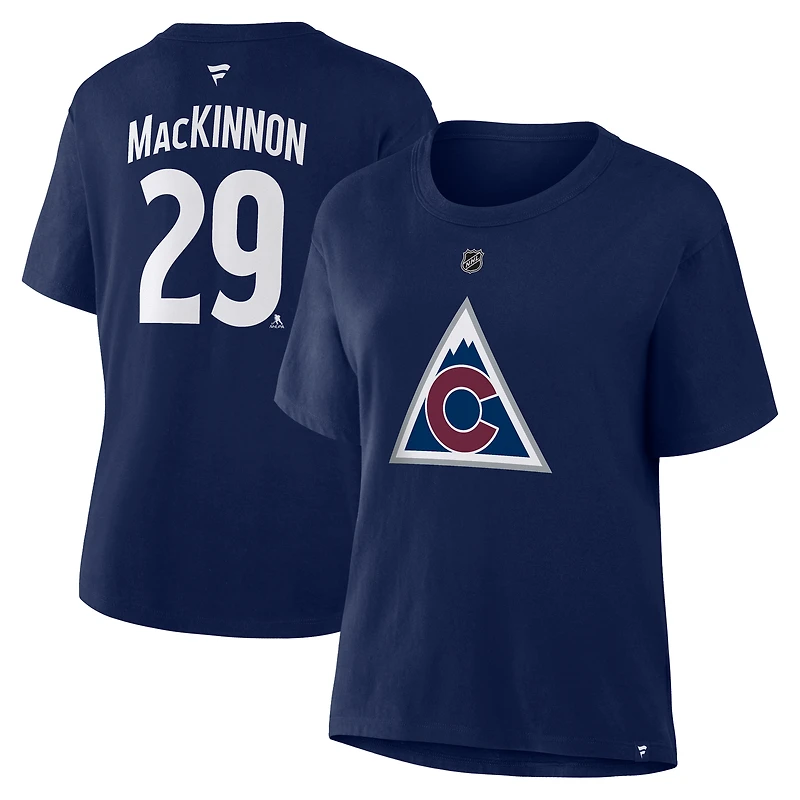 T-shirt authentique Fanatics pour femmes Nathan MacKinnon, bleu marine, Colorado Avalanche, avec nom et numéro.