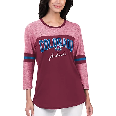 T-shirt G-III Sports by Carl Banks pour femmes, bordeaux, Colorado Avalanche Play The Game, tri-mélange, manches 3/4