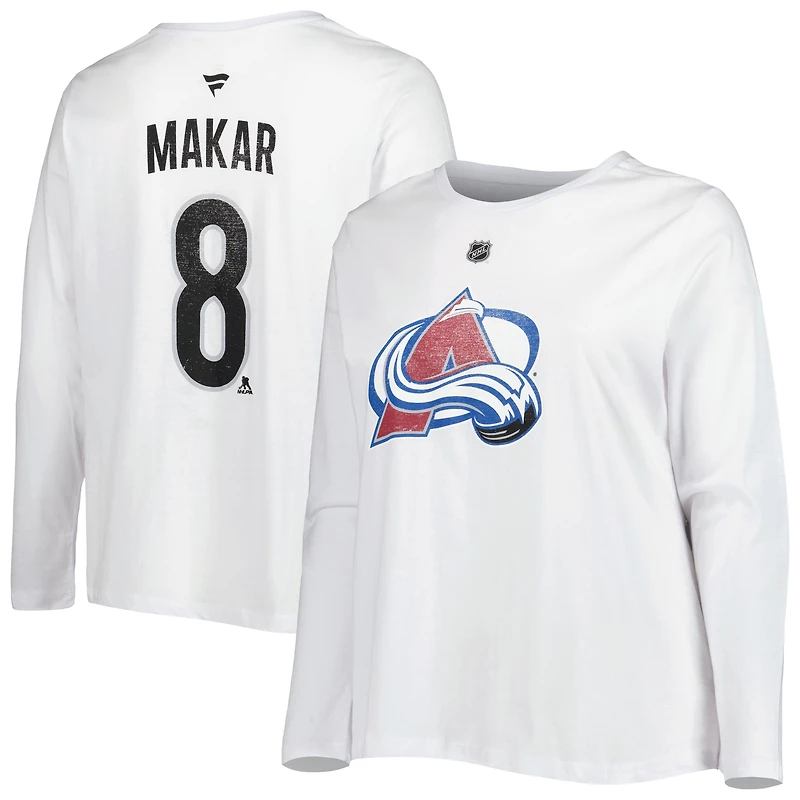 Women's Profile Cale Makar White Colorado Avalanche Plus Distressed Printed Name & Number Long Sleeve T-Shirt