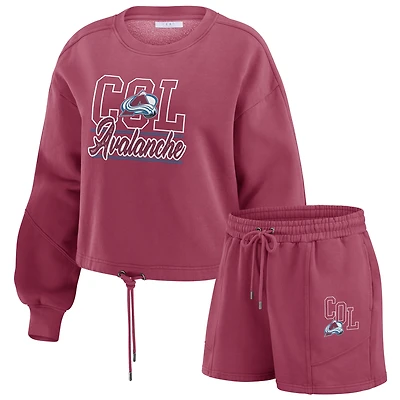 Women's WEAR by Erin Andrews Burgundy Colorado Avalanche Washed Fleece Sweatshirt & Shorts Lounge Set