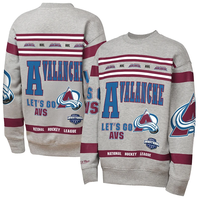 Youth Mitchell & Ness Heather Gray Colorado Avalanche Allover Print Fleece Crewneck Sweatshirt