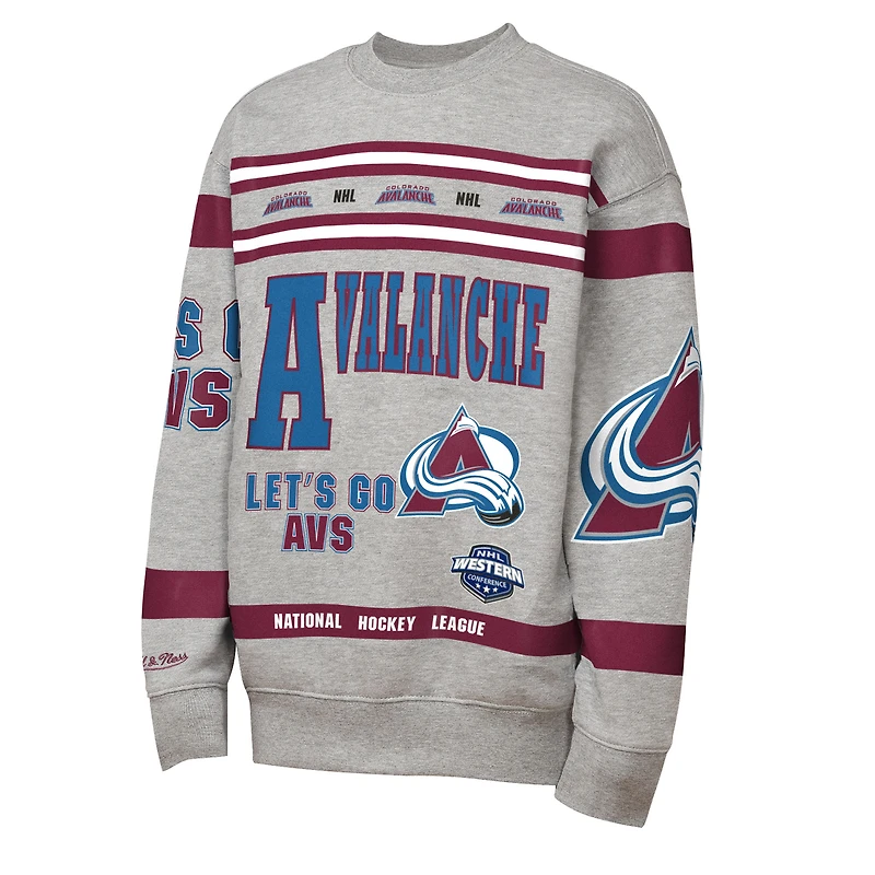 Sweat-shirt ras du cou en polaire imprimé allover gris chiné pour jeunes Mitchell & Ness Colorado Avalanche