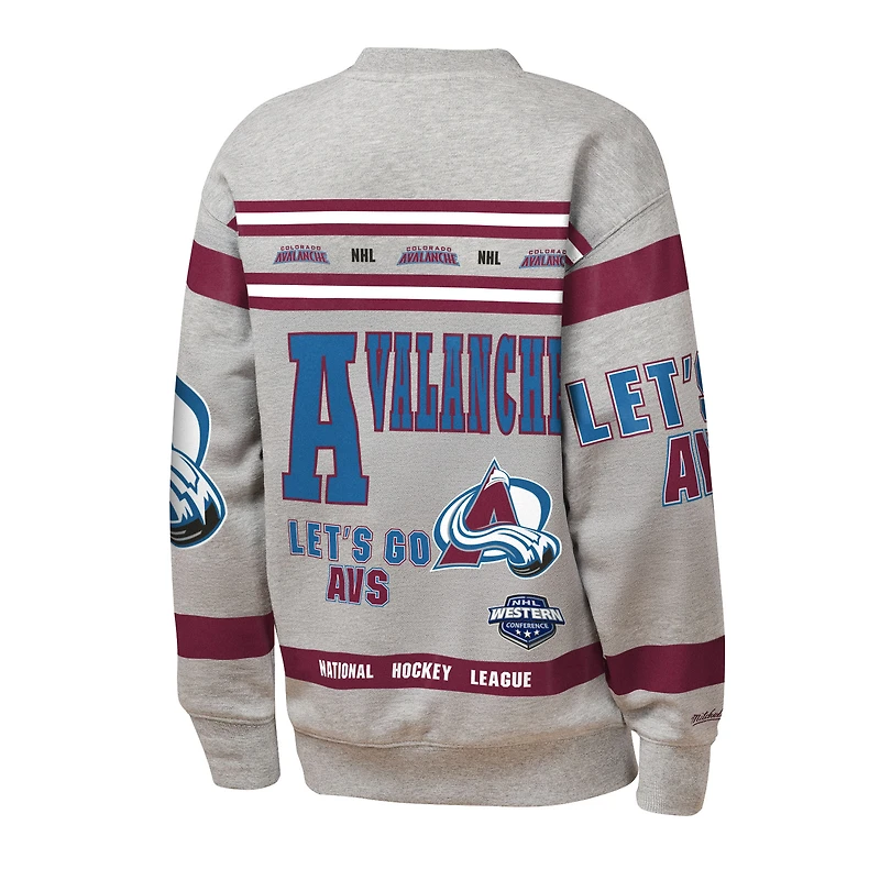 Youth Mitchell & Ness Heather Gray Colorado Avalanche Allover Print Fleece Crewneck Sweatshirt
