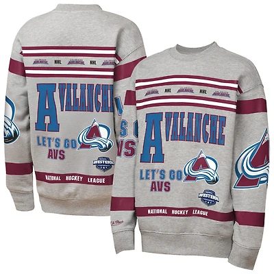 Youth Mitchell & Ness Heather Gray Colorado Avalanche Allover Print Fleece Crewneck Sweatshirt