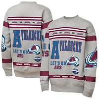Youth Mitchell & Ness Heather Gray Colorado Avalanche Allover Print Fleece Crewneck Sweatshirt
