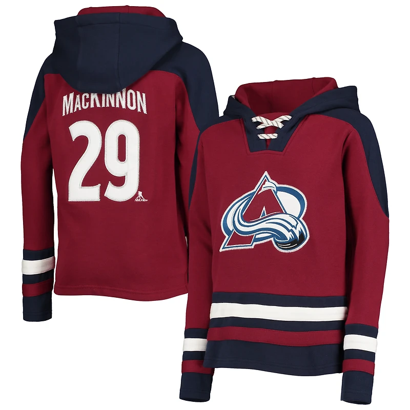 Chandail à capuchon avec nom et numéro encolure en V pour jeune Nathan MacKinnon Bourgogne Colorado Avalanche Ageless Must-Have