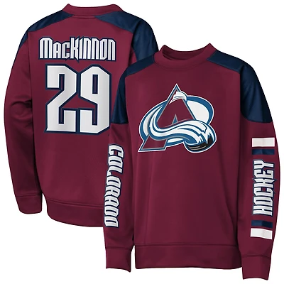 Sweat-shirt ras du cou bordeaux Nathan MacKinnon, meilleur défenseur de l'Avalanche Colorado, avec nom et numéro