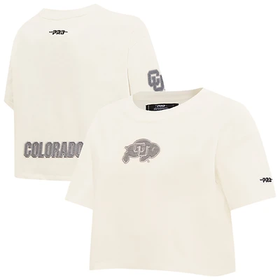 Women's Pro Standard Cream Colorado Buffaloes Reverse French Terry Boxy Cropped T-Shirt