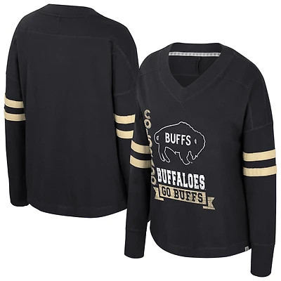 Women's Colosseum  Black Colorado Buffaloes Oversized Violet Distressed V-Neck Long Sleeve T-Shirt