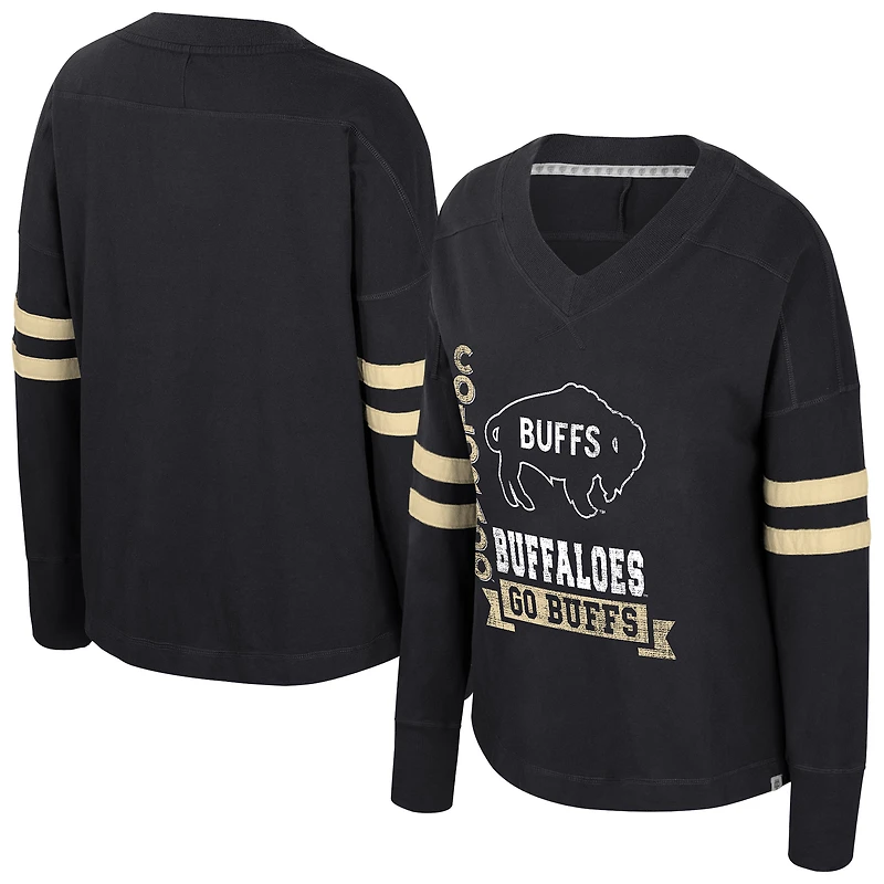 T-shirt à manches longues et col en V pour femme, surdimensionné violet, motif Colosseum Black Colorado Buffaloes