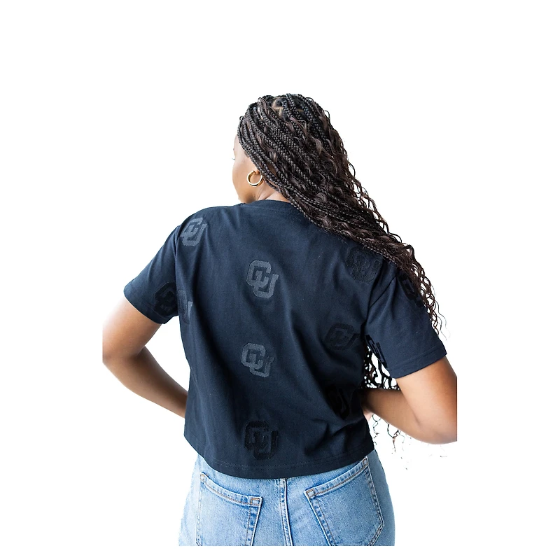 Women's Gameday Social Black Colorado Buffaloes Allover Print Heavyweight Cropped T-Shirt