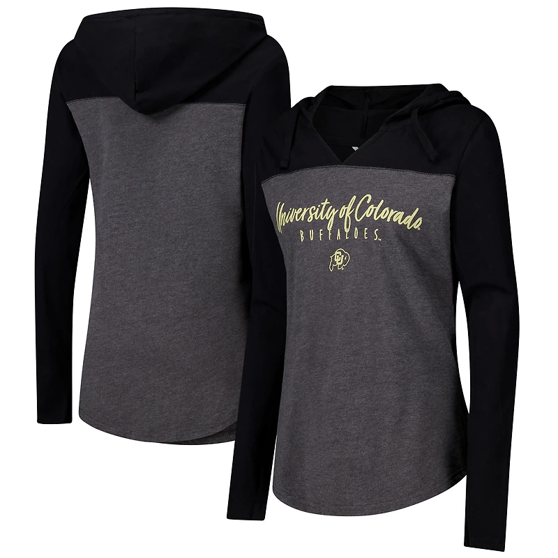 Women's Heather Charcoal Colorado Buffaloes Knockout Color Block Hooded V-Neck Long Sleeve T-Shirt