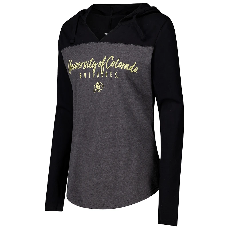 Women's Heather Charcoal Colorado Buffaloes Knockout Color Block Hooded V-Neck Long Sleeve T-Shirt