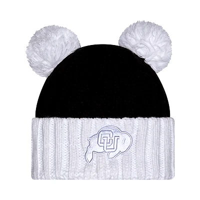 Bonnet en tricot à revers ton sur ton pour femme New Era Colorado Buffaloes noir avec double pompon