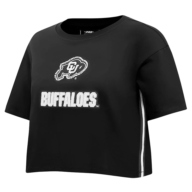 Women's Pro Standard Black Colorado Buffaloes Rhinestone & Pearl Boxy Cropped T-Shirt
