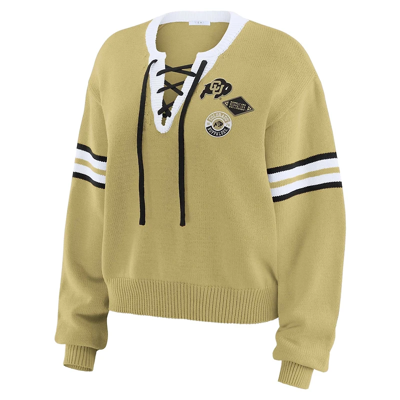 Women's WEAR by Erin Andrews Gold Colorado Buffaloes Lace-Up Pullover Sweater