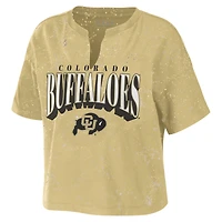 Women's WEAR by Erin Andrews Tan Colorado Buffaloes Bleach Wash Splatter Cropped Notch Neck T-Shirt