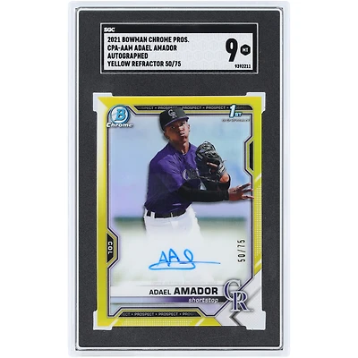 Adael Amador Colorado Rockies Autographed 2021 Bowman Chrome Prospect Yellow Refractor #CPA-AAM #50/75 SGC Authenticated 9 Card
