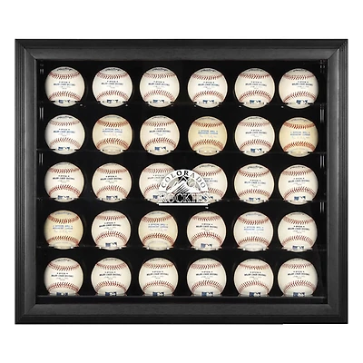 Vitrine à 30 boules de baseball avec logo des Colorado Rockies, encadrée en noir