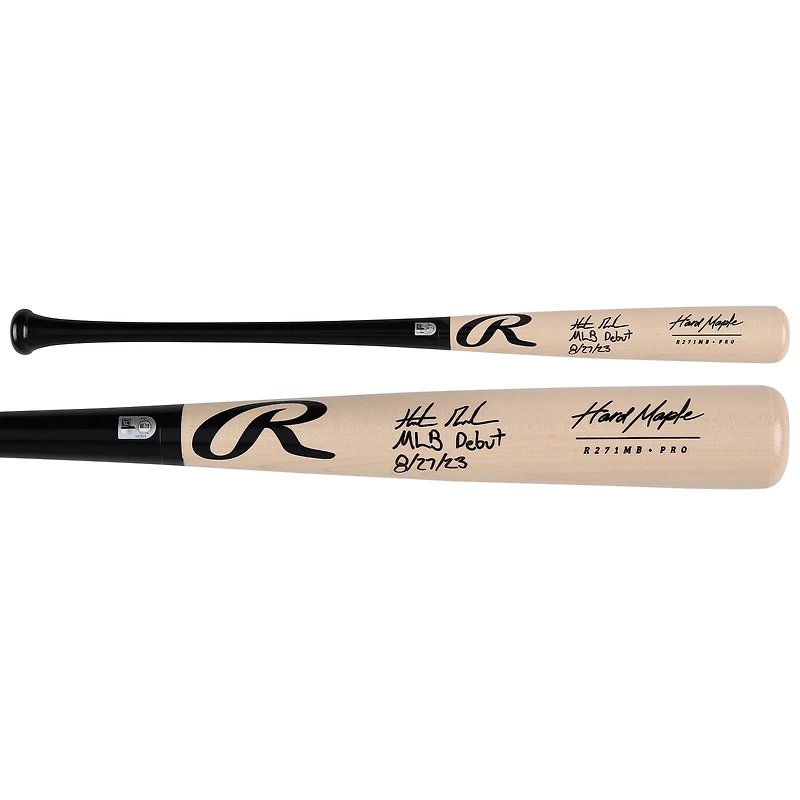 Batte Rawlings Pro noire et beige autographiée par Hunter Goodman des Colorado Rockies avec inscription « Débuts en MLB le 27/08/23 ».