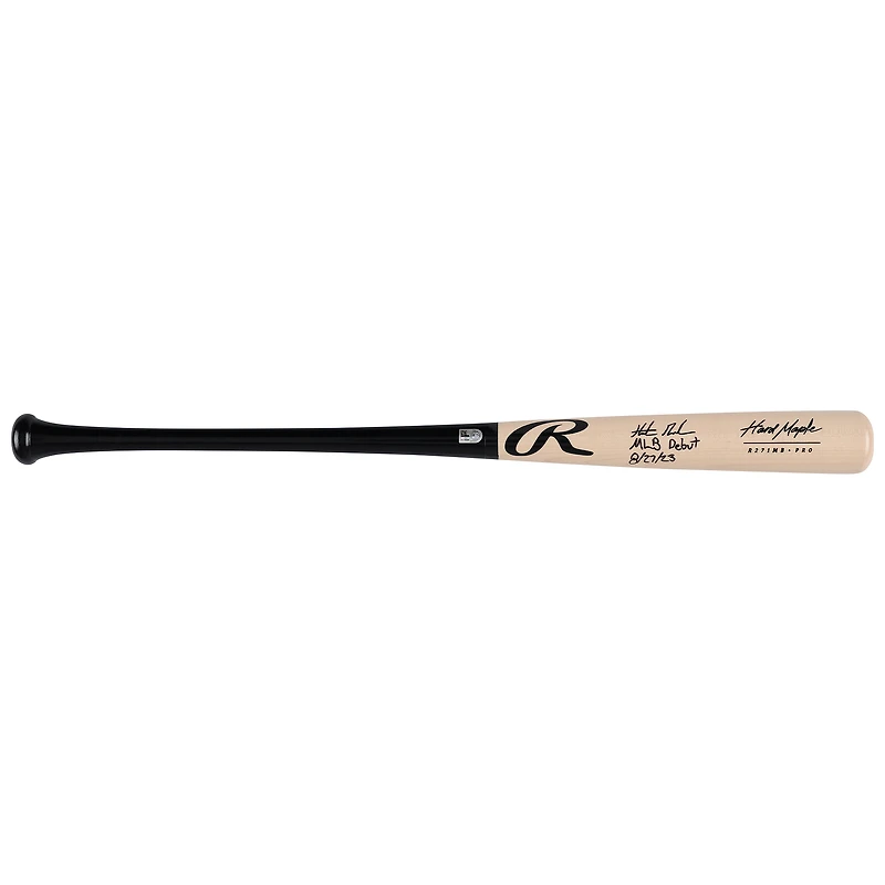 Batte Rawlings Pro noire et beige autographiée par Hunter Goodman des Colorado Rockies avec inscription « Débuts en MLB le 27/08/23 ».