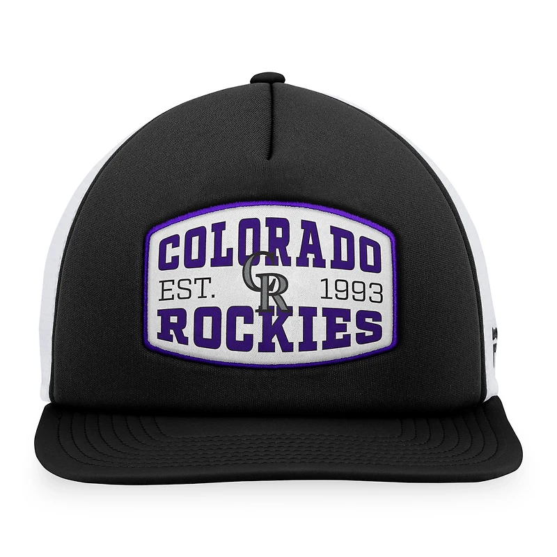 Casquette Snapback de camionneur en mousse avec patch frontal en mousse Fanatics pour hommes, noire des Colorado Rockies