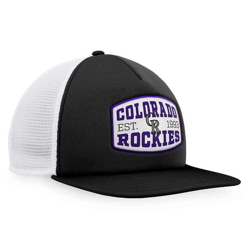 Casquette Snapback de camionneur en mousse avec patch frontal en mousse Fanatics pour hommes, noire des Colorado Rockies