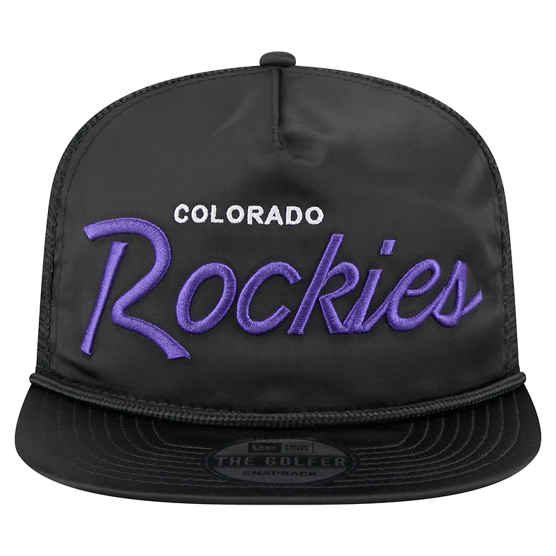 Casquette de golf ajustable noire rétro en satin pour homme New Era Colorado Rockies