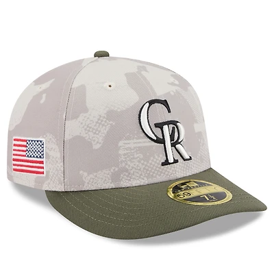 Casquette ajustée 59FIFTY basse pour homme, coloris beige clair/olive, Colorado Rockies 2025 Armed Forces Day, New Era
