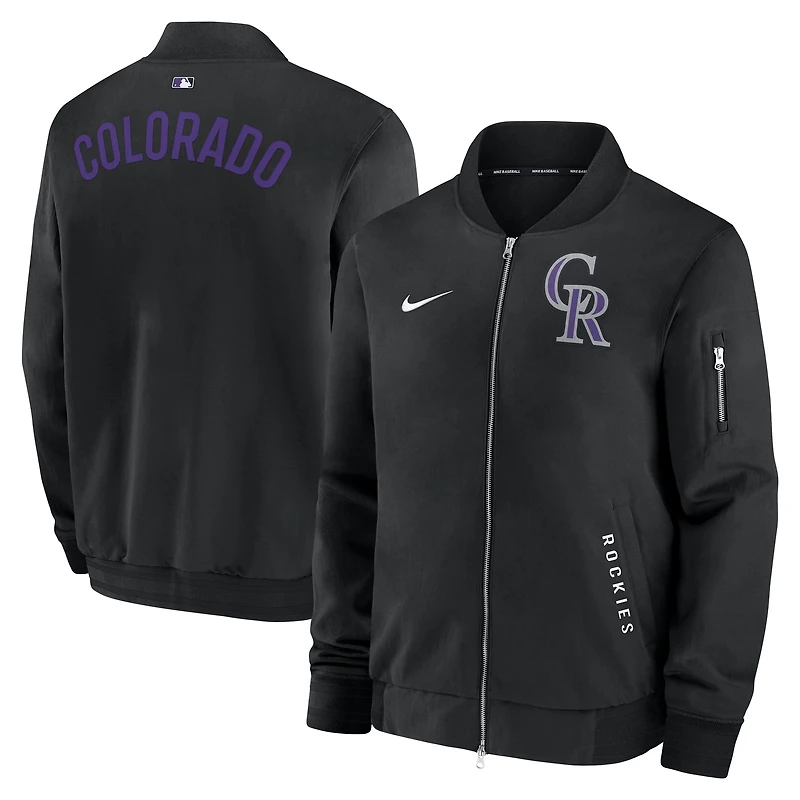 Men's Nike Black Colorado Rockies Authentic Collection Dugout Relaxed Full-Zip Bomber Jacket