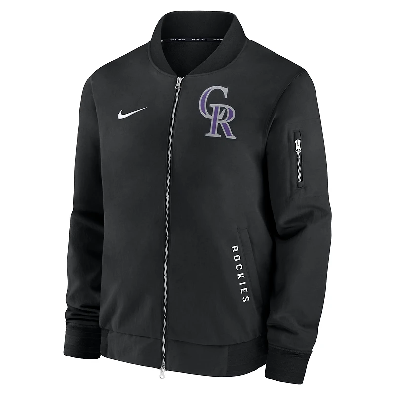 Veste aviateur décontractée entièrement zippée Nike noire Colorado Rockies Authentic Collection Dugout pour homme