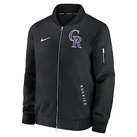 Veste aviateur décontractée entièrement zippée Nike noire Colorado Rockies Authentic Collection Dugout pour homme
