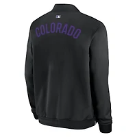 Veste aviateur décontractée entièrement zippée Nike noire Colorado Rockies Authentic Collection Dugout pour homme