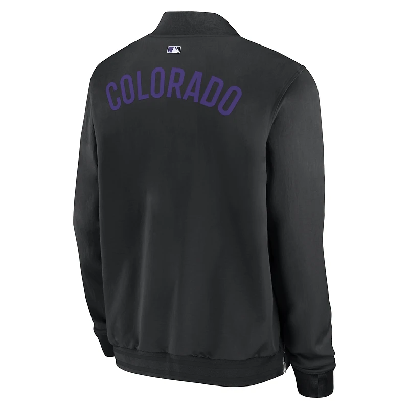 Veste aviateur décontractée entièrement zippée Nike noire Colorado Rockies Authentic Collection Dugout pour homme