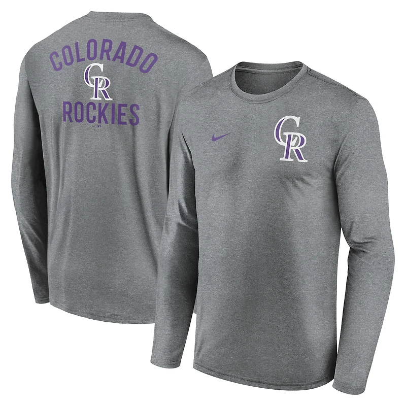 T-shirt à manches longues Nike Heather Charcoal Colorado Rockies 2-Hit Legend Dri-FIT pour homme
